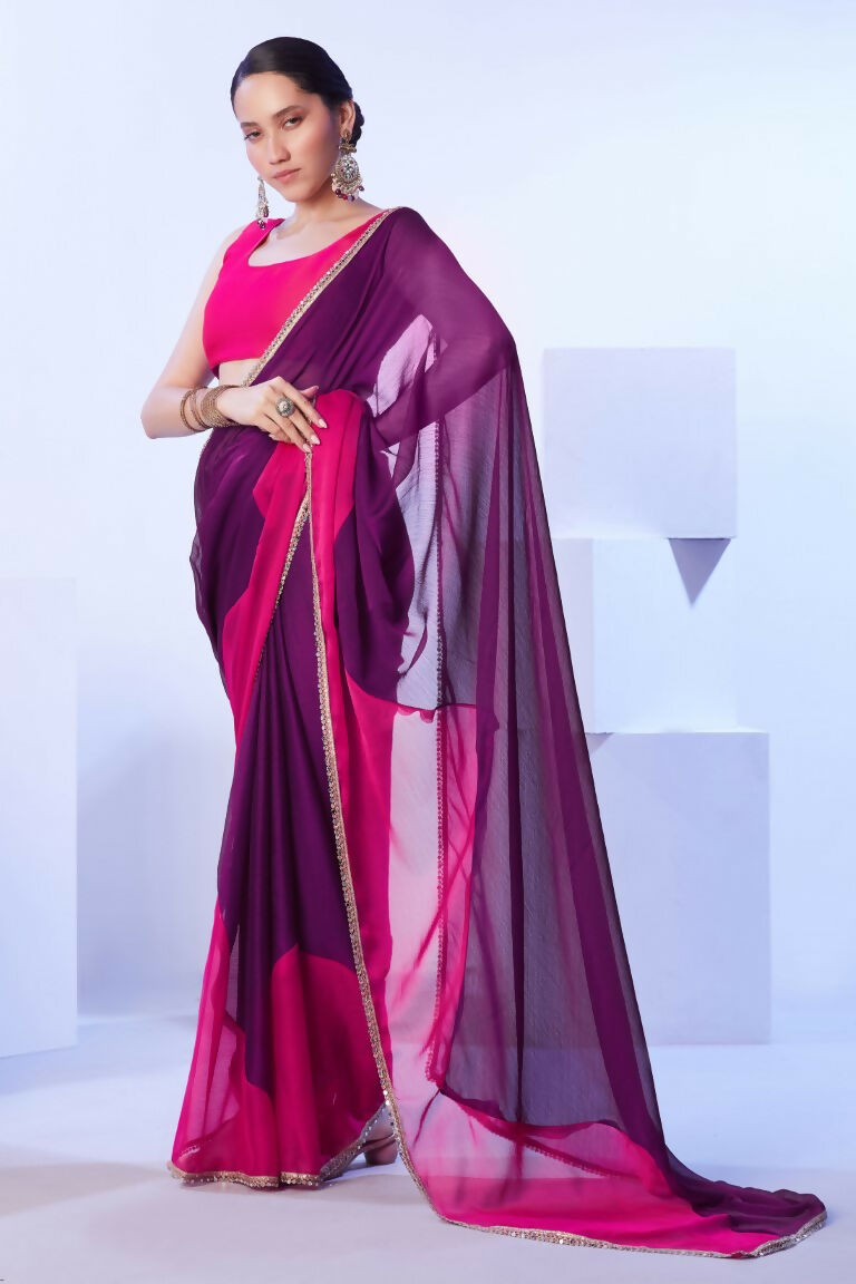 Purple Satin Moss Solid Designer & Lace Work Saree - Samaa | Grocsy