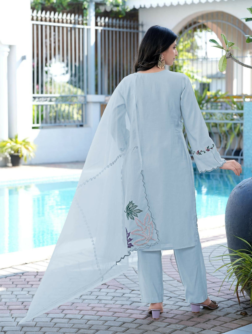Nikhaar Light Blue Embroidered Art Silk Stitched Straight Cut Kurta Pants Dupatta Readymade Suit | Grocsy