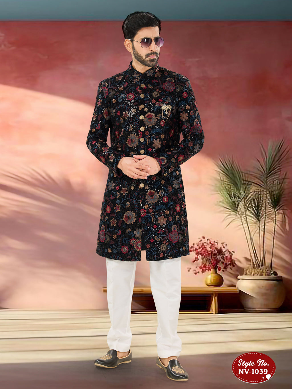 Joban Fashion Men's Blue Base Multi-Colour Straight Velvet Heavy Thread And Sequence Embroidary All Over Indo-Western Kurta Set | Grocsy
