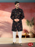 Joban Fashion Men's Blue Base Multi-Colour Straight Velvet Heavy Thread And Sequence Embroidary All Over Indo-Western Kurta Set | Grocsy