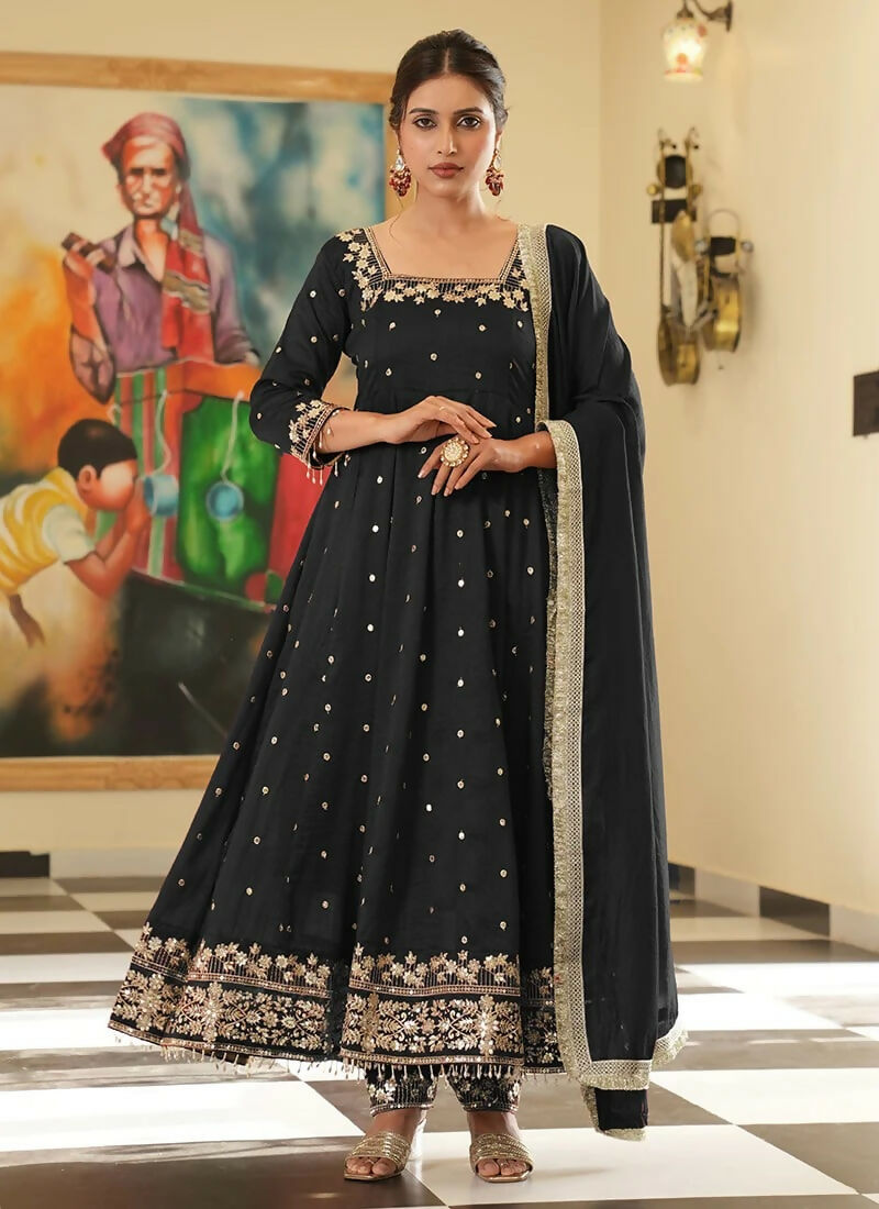 Teeya Creation Black Color Pure Vichitra Silk Embroidery Work Party Wear Gown | Grocsy