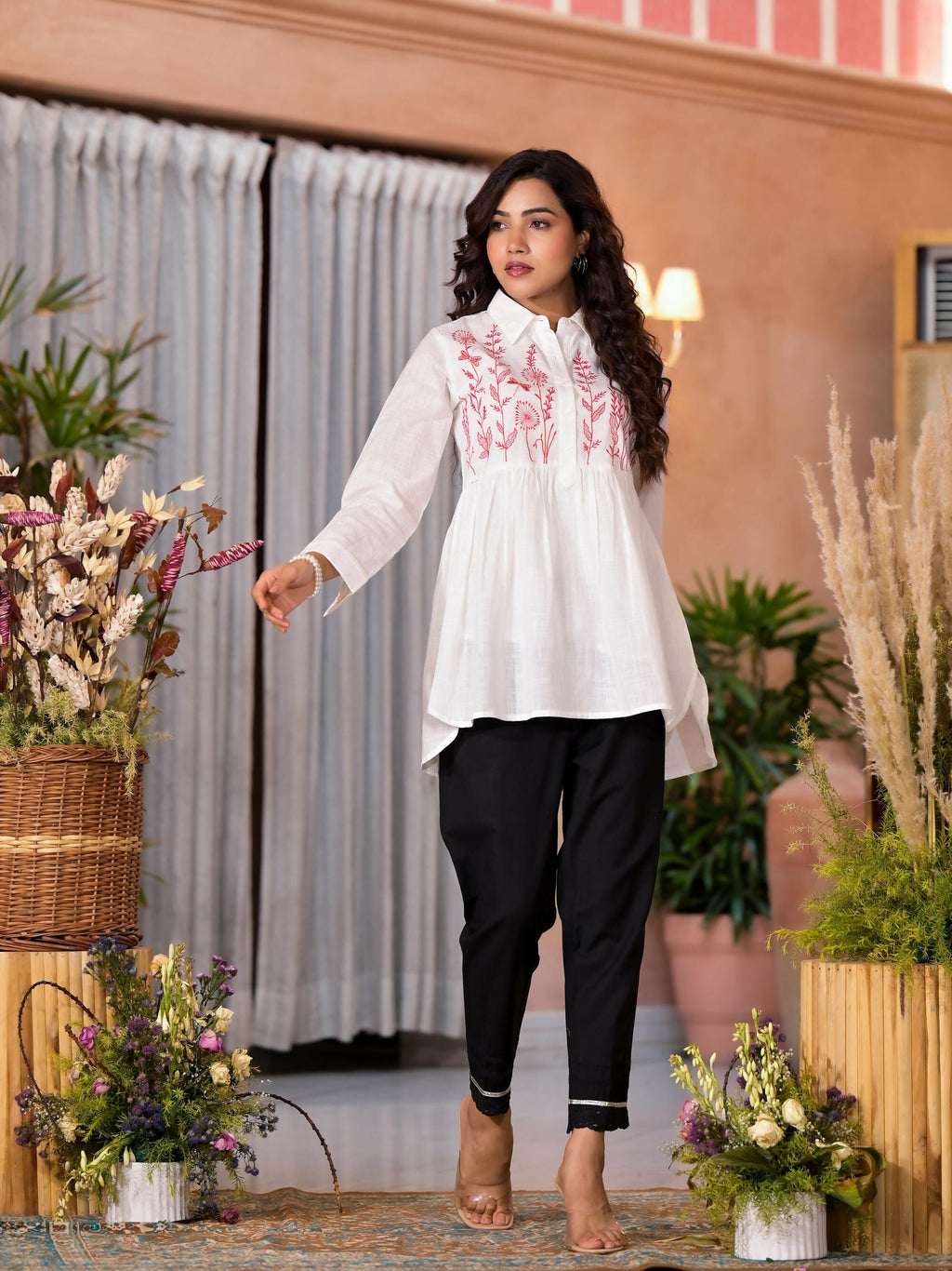 Juniper Women's White Thread Embroidered Cotton Tunic With Button Closure | Grocsy