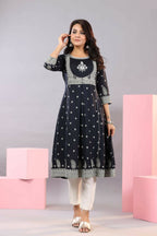 Juniper Women Indigo Rayon Printed A-Line Kurta | Grocsy
