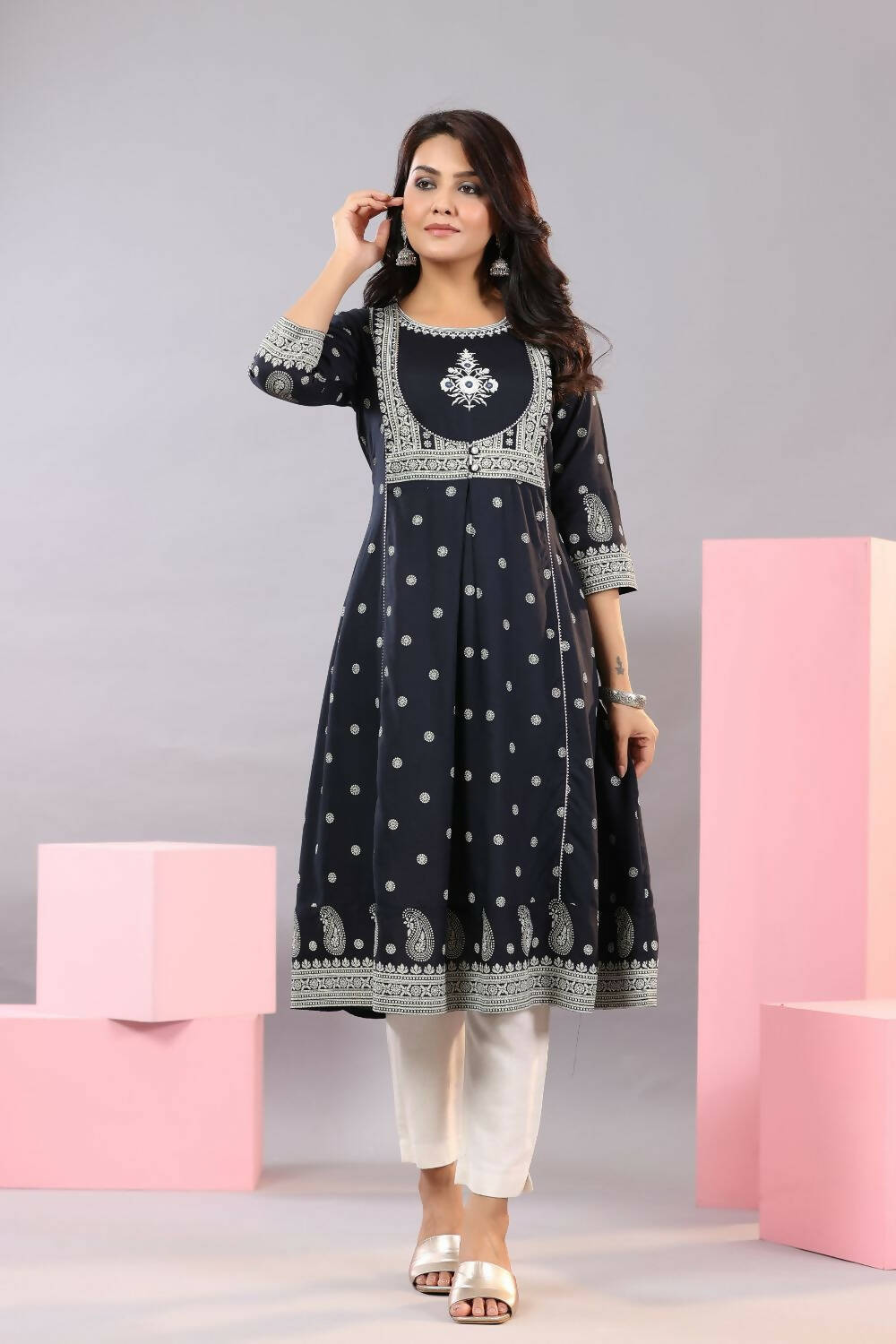 Juniper Women Indigo Rayon Printed A-Line Kurta | Grocsy