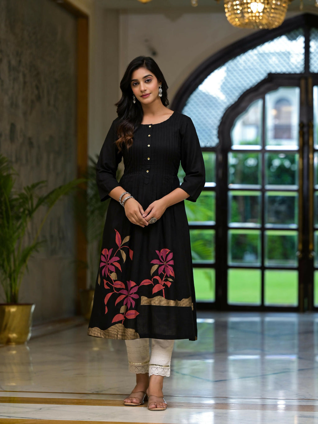Juniper Women's Black Floral Printed Rayon Kurta With Button Closure | Grocsy