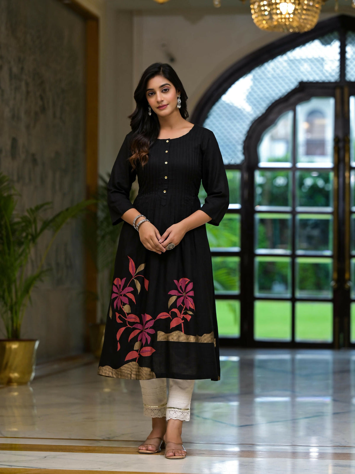 Juniper Women's Black Floral Printed Rayon Kurta With Button Closure | Grocsy