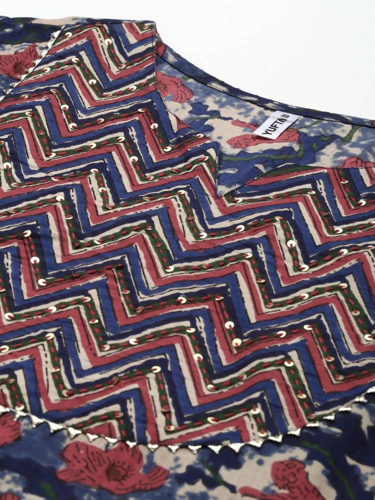 Yufta Women Navy Blue & Red Floral Printed Pure Cotton Kurta with Trouser and Dupatta | Grocsy