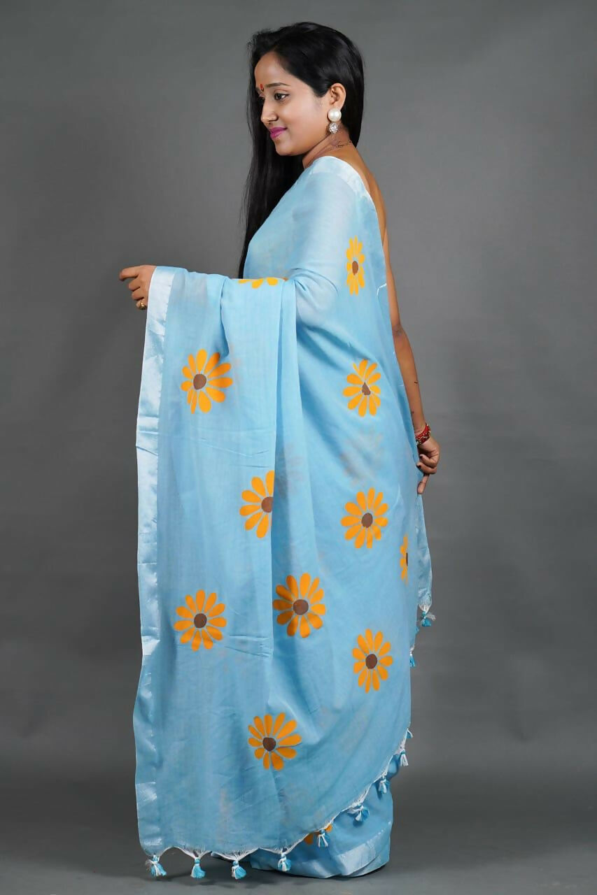 Exclusive Collection Sky Pure Cotton Saree With Sunflower Design | Grocsy