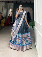 Vastranavya Kalamkari Print With Weaving Border Lehenga with Unstitched Blouse - Sae Green | Grocsy
