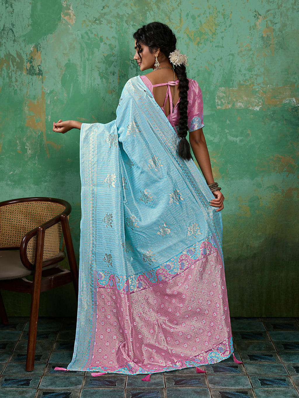 Shree Shyam Fashion Sky Blue Linen Cotton Saree | Grocsy
