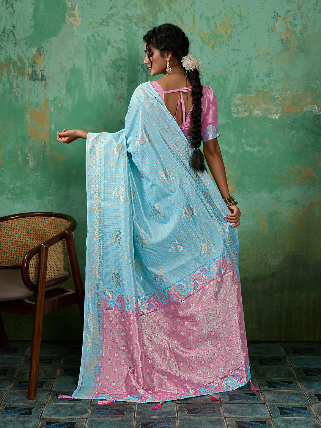 Shree Shyam Fashion Sky Blue Linen Cotton Saree | Grocsy