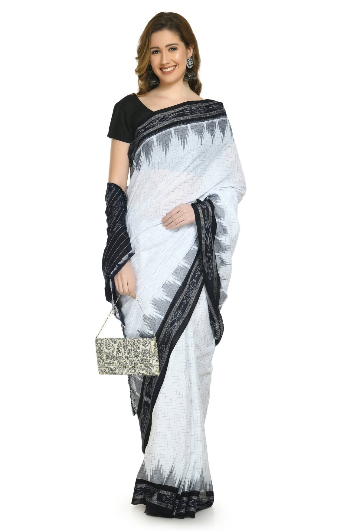 Vamika Sambalpuri Ikat Cotton Jharana White & Black Saree | Grocsy
