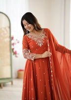 Teeya Creation Orange Color Faux georgette Embroidery Work Wedding Wear Gown | Grocsy