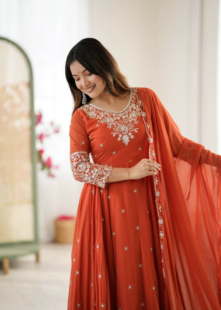Teeya Creation Orange Color Faux georgette Embroidery Work Wedding Wear Gown | Grocsy