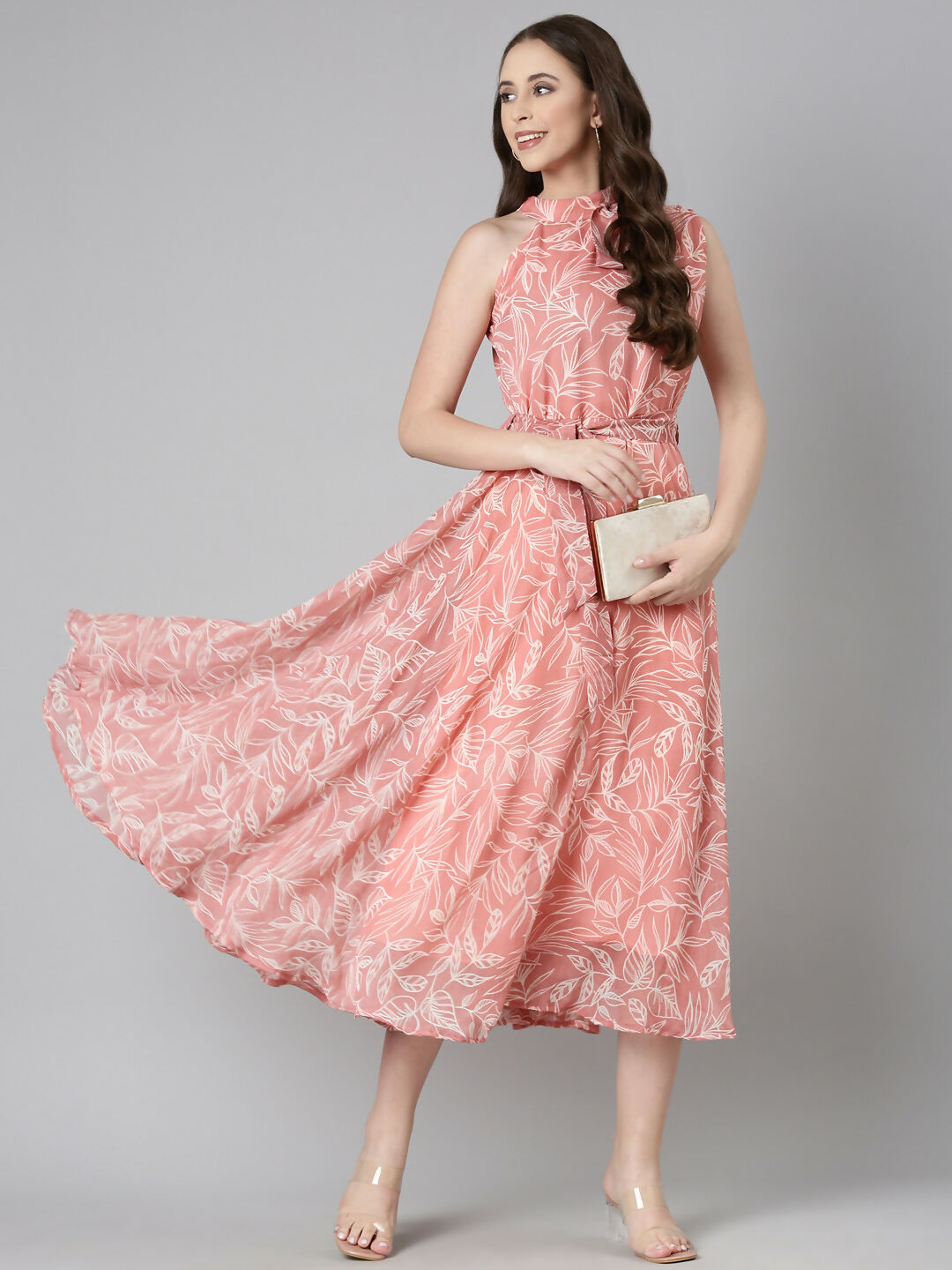 Souchii Peach Floral Chiffon Dress | Grocsy