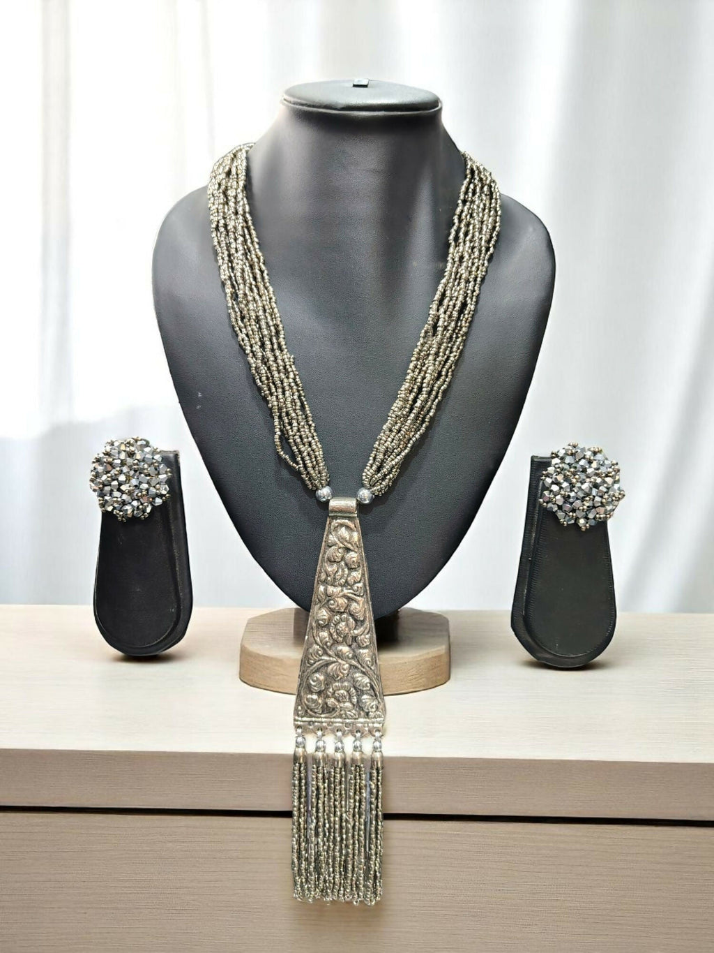 Inhanns Day-To-Dinner Tie Shaped Oxidized Black Metal Multi-Layered Long Necklace Set - Gray | Grocsy