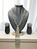 Inhanns Day-To-Dinner Tie Shaped Oxidized Black Metal Multi-Layered Long Necklace Set - Gray | Grocsy