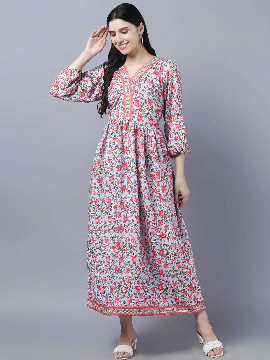 Myshka Women Red Printed Pure Cotton Maxi Dress | Grocsy