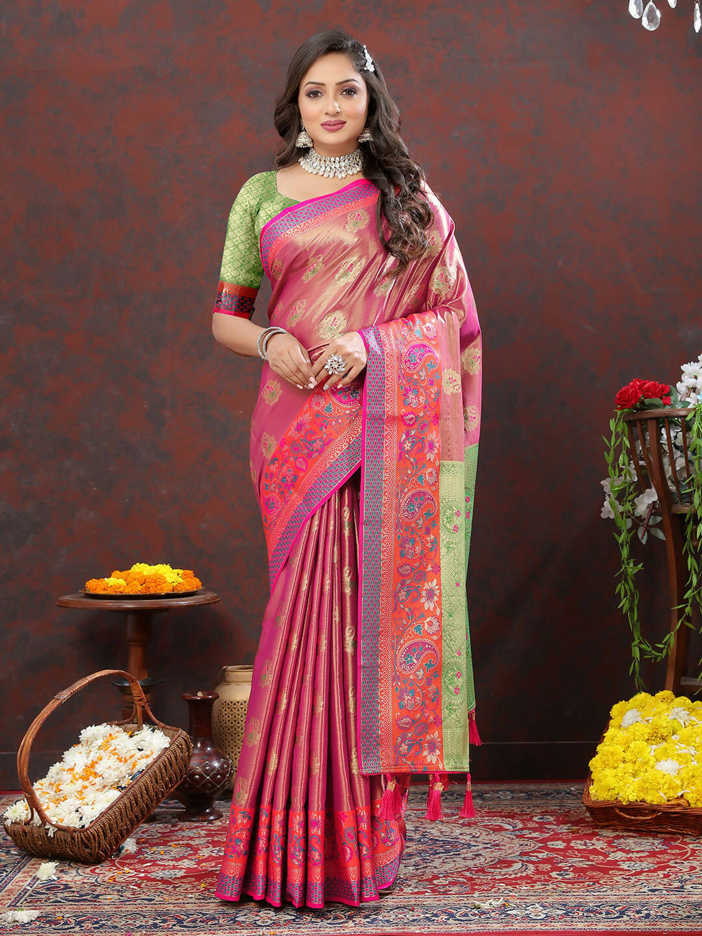 Lorenvalley Fashion Magenta Kanjivaram Silk Woven Design with Zari Weaving Saree | Grocsy