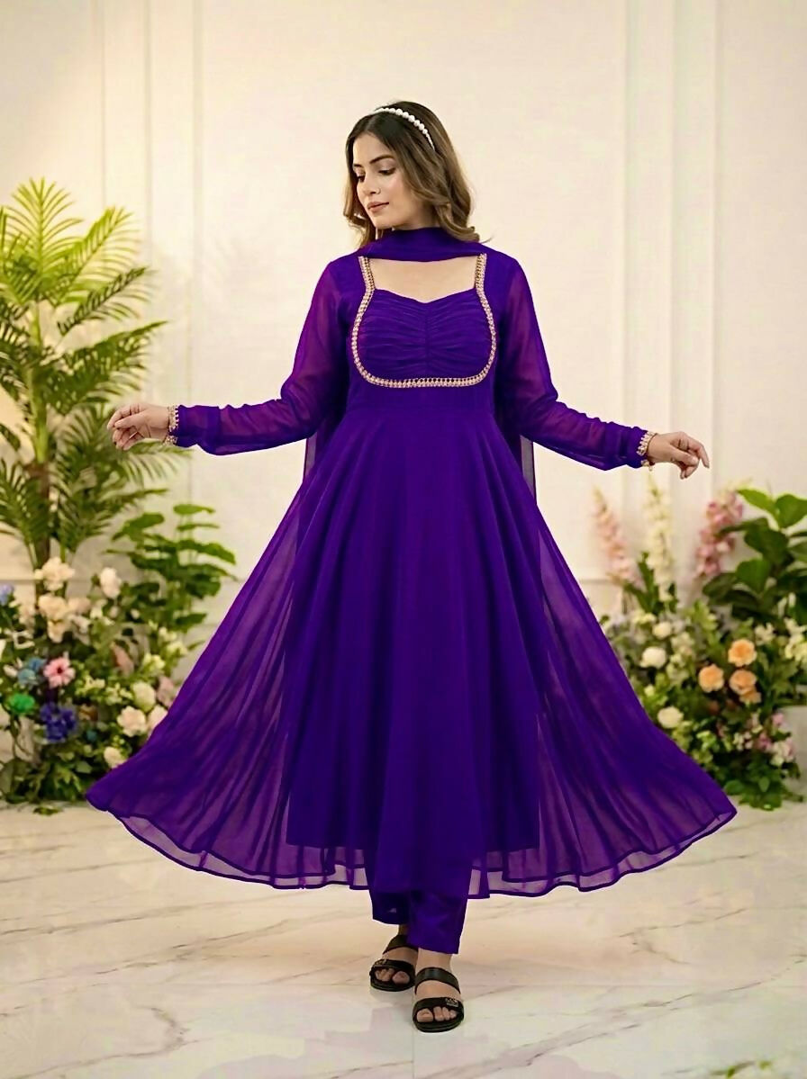 Teeya Creation Womens New Fancy Silk Heavy Quality Fabric With Handwork Purple Gown Set | Grocsy