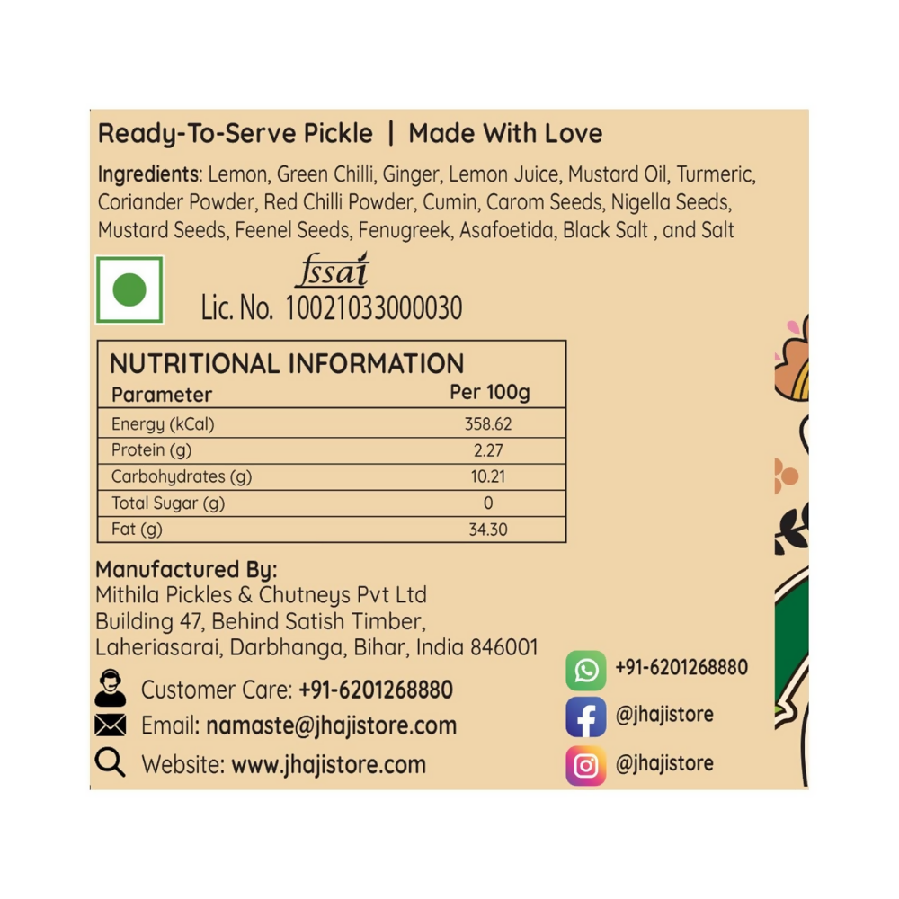 Jhaji Store Lemon, Ginger & Green Chilli Pickle | Grocsy