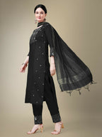 Jyoti Fashion Women's Black Cotton Blend Embroidery & Fancy Lace work Kurta with Trouser & Dupatta | Grocsy