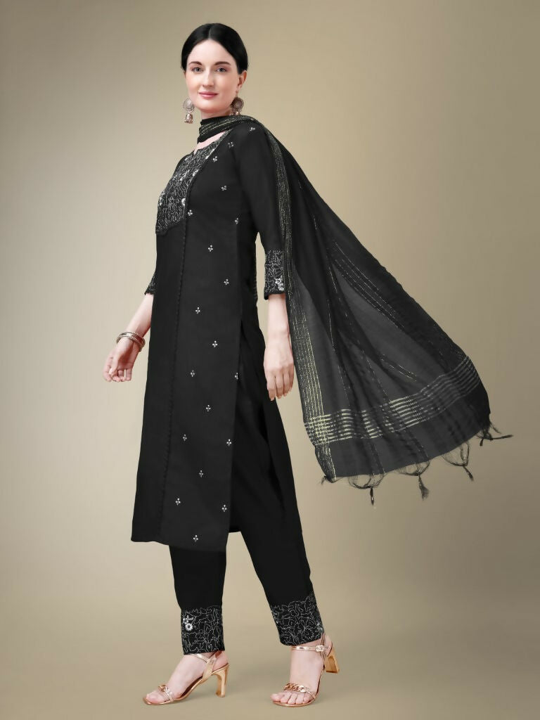 Jyoti Fashion Women's Black Cotton Blend Embroidery & Fancy Lace work Kurta with Trouser & Dupatta | Grocsy