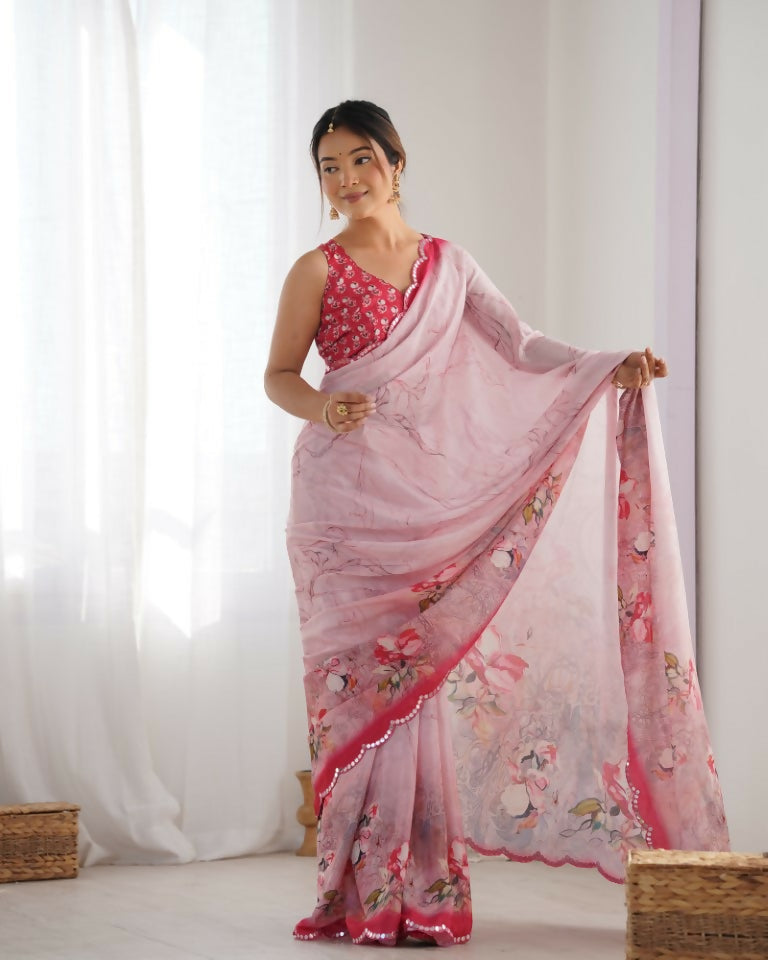 Pink Chinon Designer Digital Printed & Mirror Cut Work Saree - Kriti | Grocsy