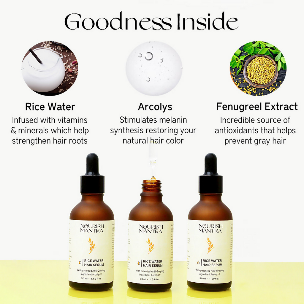 Nourish Mantra Anti-Greying Hair Serum With Rice Water & Arcolys to Stop Premature Hair Greying | Grocsy