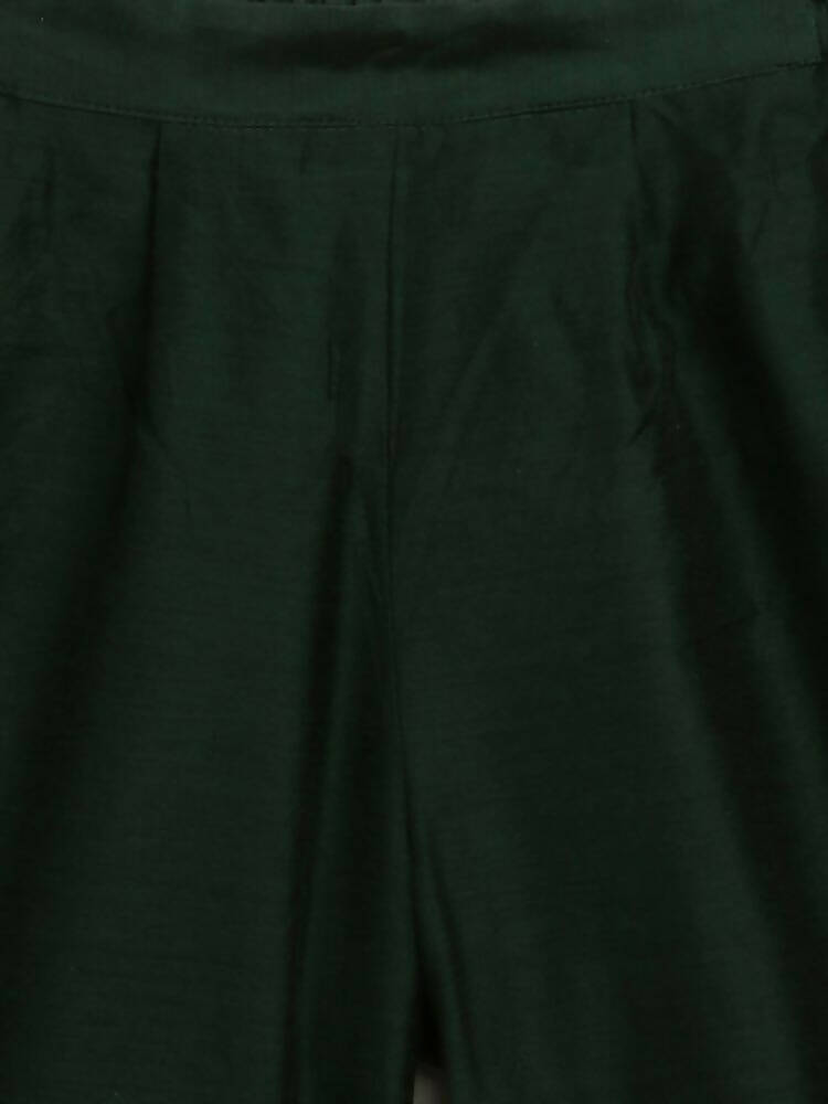 Ahalyaa Dark Green Chanderi Solid Kids Kurta Palazzo Set With Dupatta For Girls | Grocsy