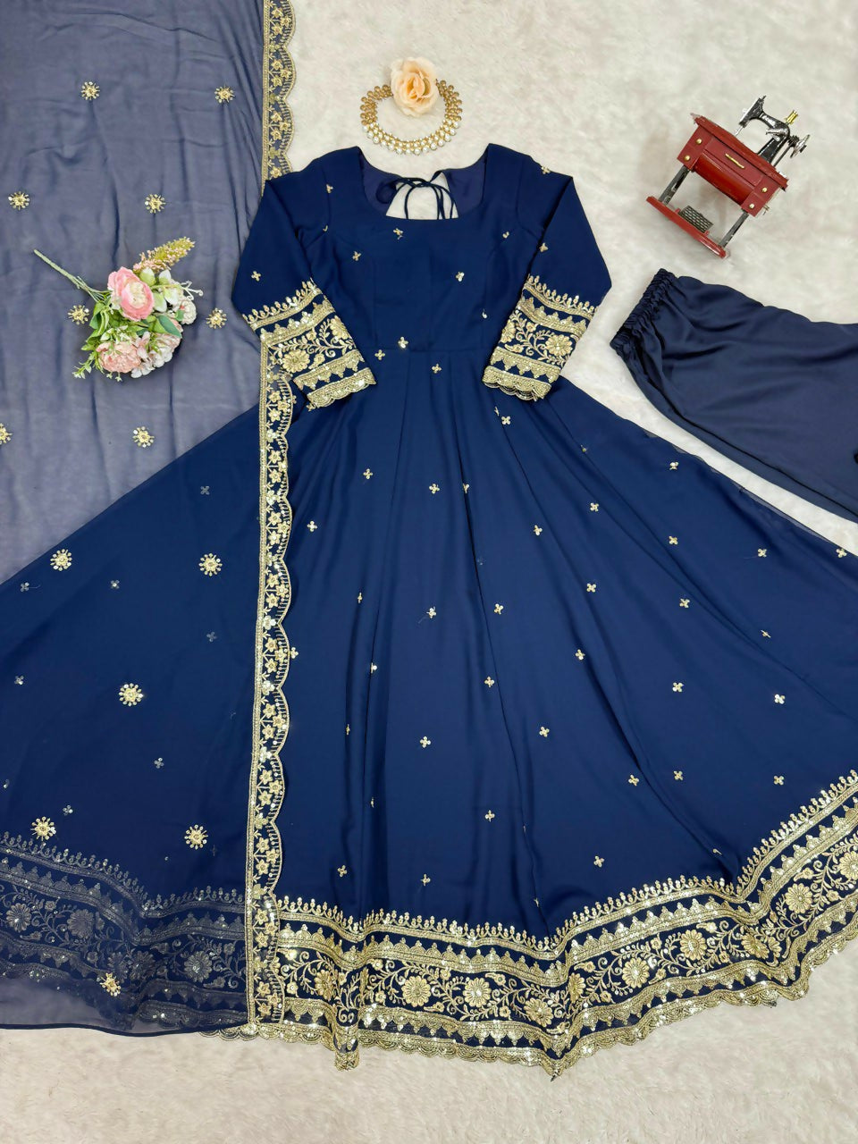 The52 Women's Beautiful Faux Georgette Fabric Embroidery Work Flared Anarkali Pant and Dupatta Set | Grocsy