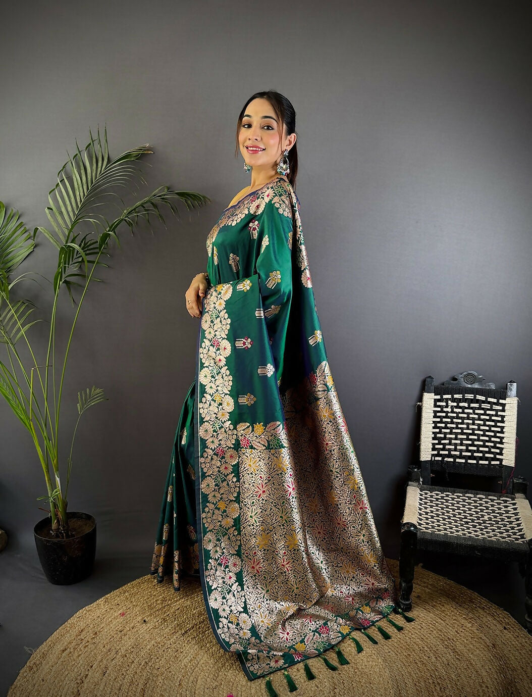 Joban Fashion Meenakari Teal Green Woven Soft Silk Saree | Grocsy