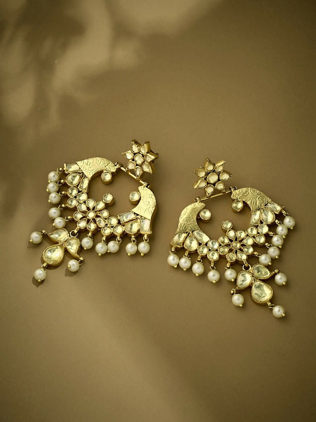 Nuyug 22K Gold-Plated Kundan and Pearl Earrings with Floral Stud and Intricate Crescent Design Chandbalis | Grocsy