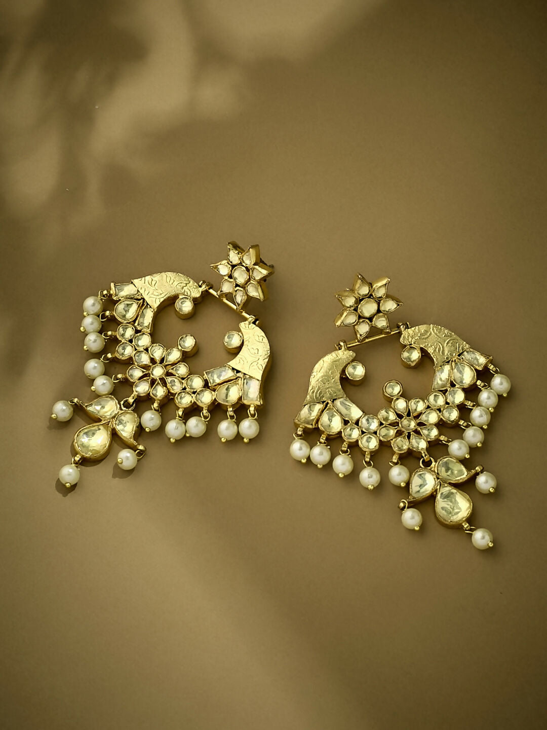 Nuyug 22K Gold-Plated Kundan and Pearl Earrings with Floral Stud and Intricate Crescent Design Chandbalis | Grocsy