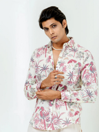 Miravan Men's Pure Cotton Light Pink Bird And Floral Printed Full Sleeve Slim Fit Shirt | Grocsy