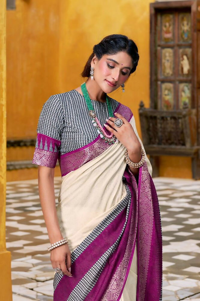 PR Fashion Owt Poly Cotton Printed With Zari Weaving Work Saree | Grocsy