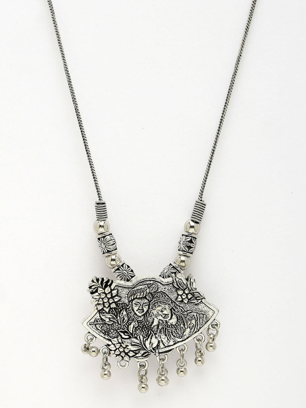 NVR Women's Silver-Toned Radha Krishna Pendant with Chain | Grocsy