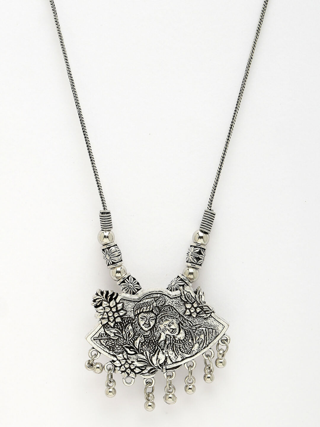NVR Women's Silver-Toned Radha Krishna Pendant with Chain | Grocsy