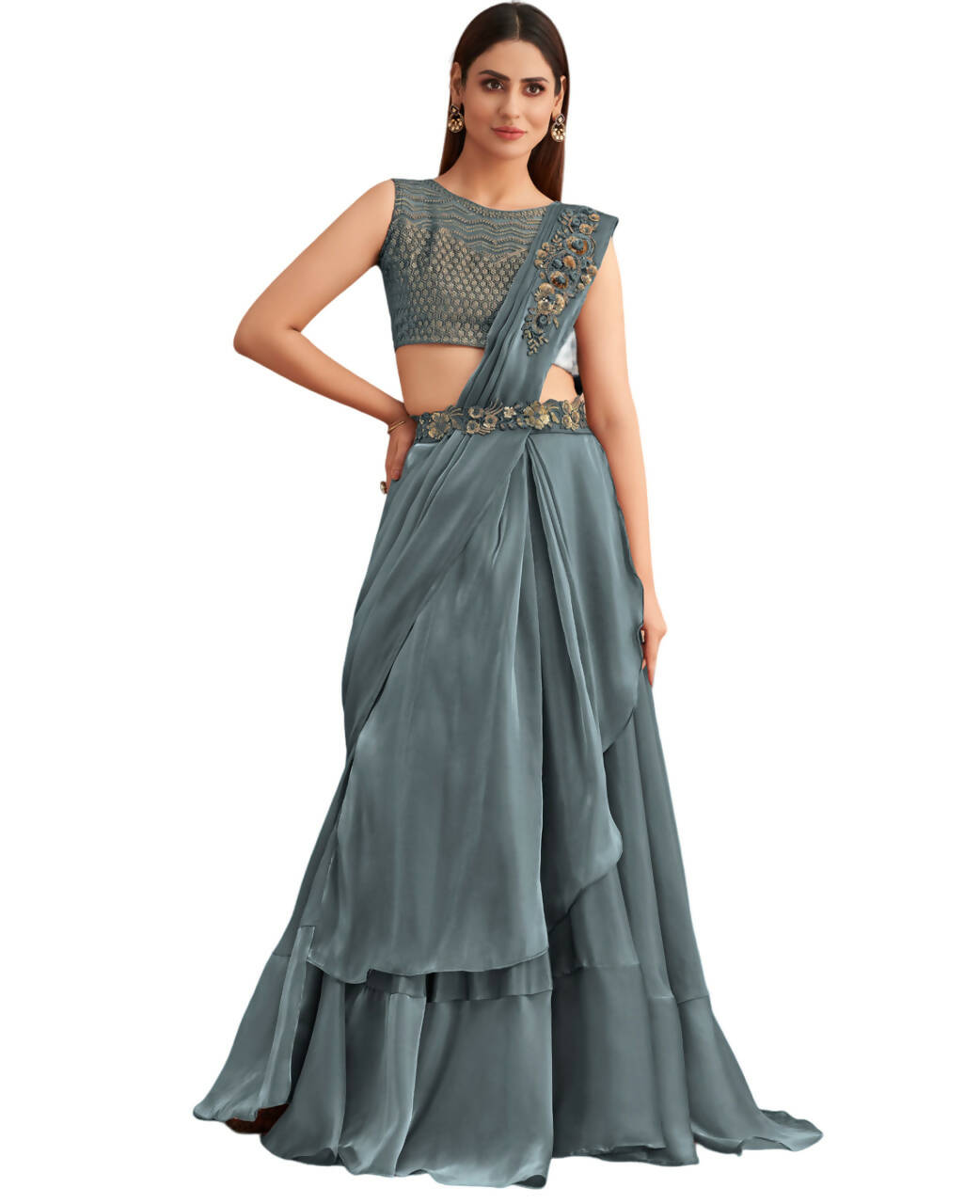 Blue Satin Embroidered Ready To Wear Saree With Unstitched Blouse Piece - Nandika | Grocsy