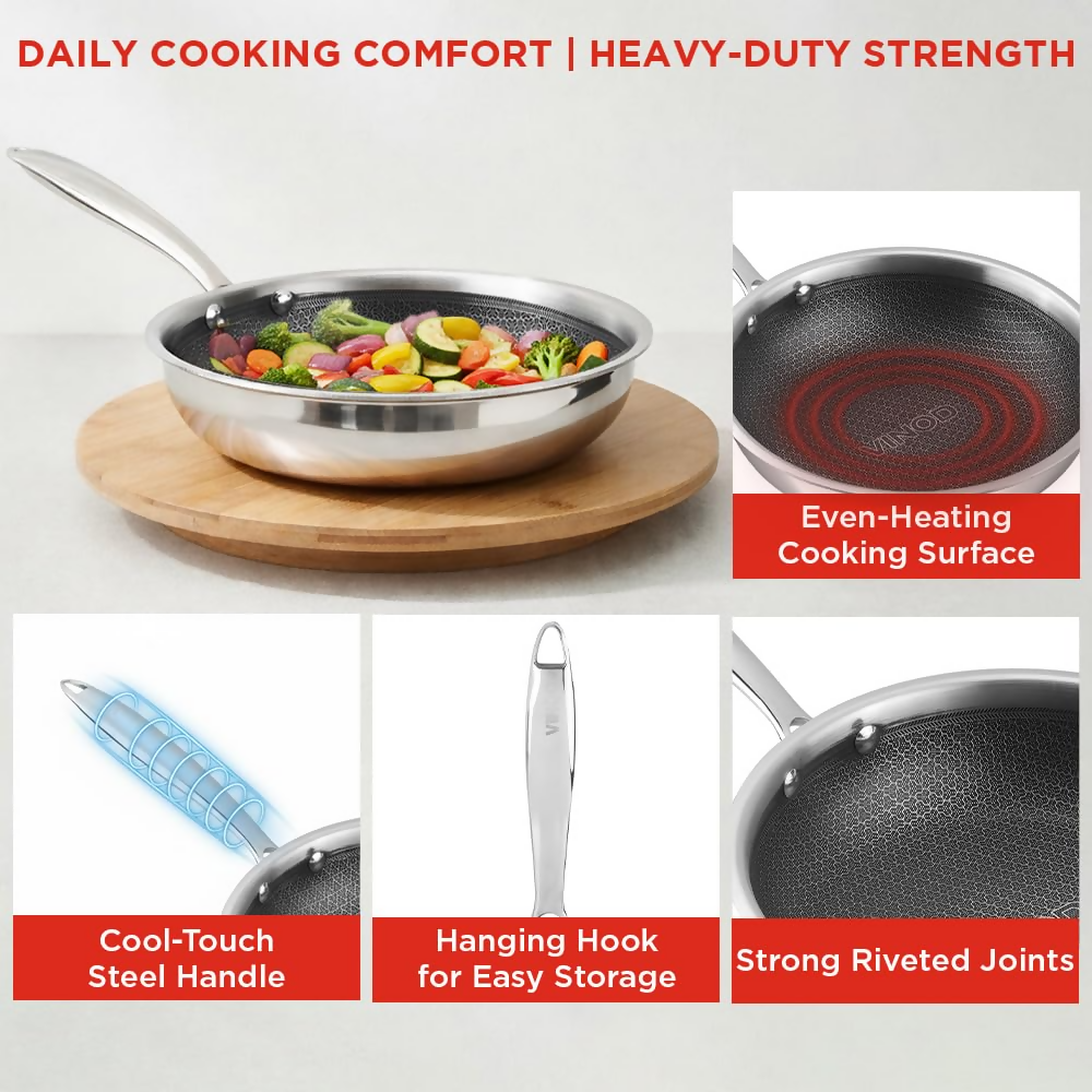 Vinod SAS Pro Platinum Triply Stainless Steel Hybrid Non Stick Frypan | Grocsy