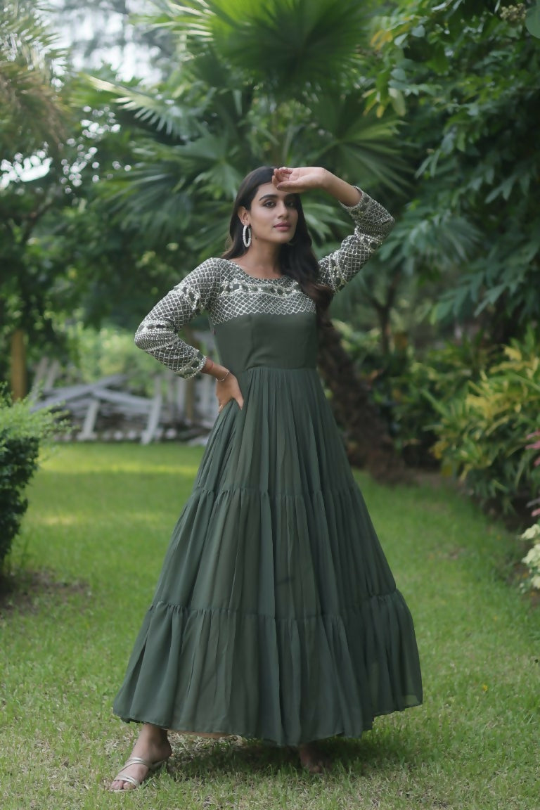 Jyoti Fashion Women's Mehendi Sequins Zari Embroidered Faux Georgette Anarkali Dress | Grocsy