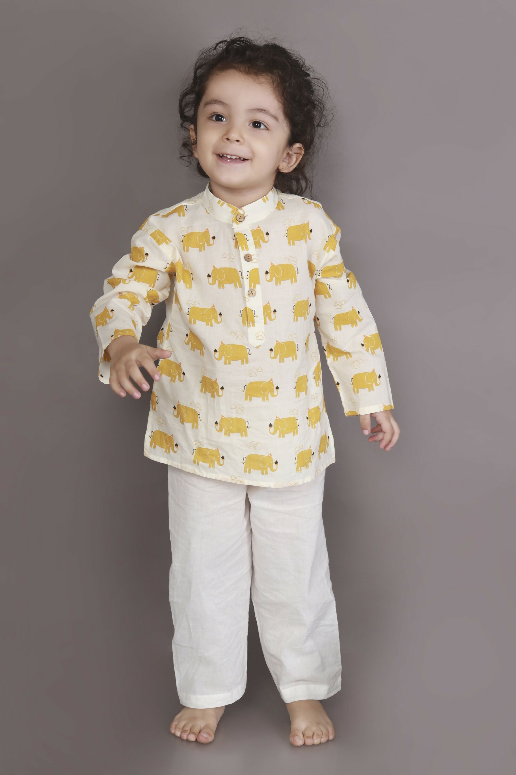 Breathables Kids Cotton Night Suit – Yellow Elephant Print Kurta & Pyjama Co-Ord Set For Boys & Girls | Grocsy