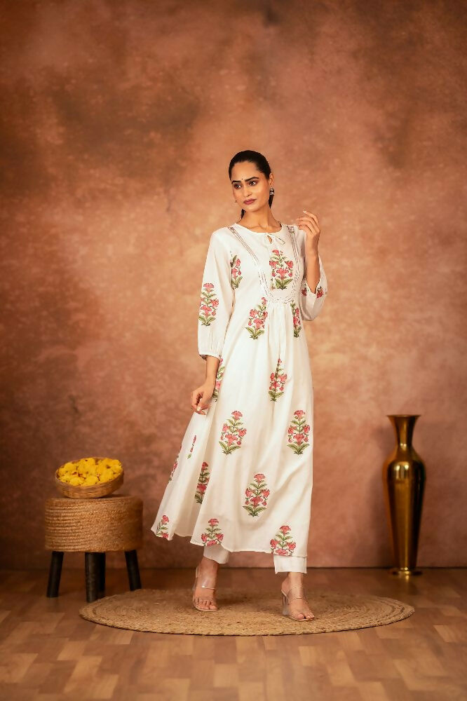Joban Fashion Off White Pink Floral Hand Block Printed Cotton Kurta Pant Set | Grocsy