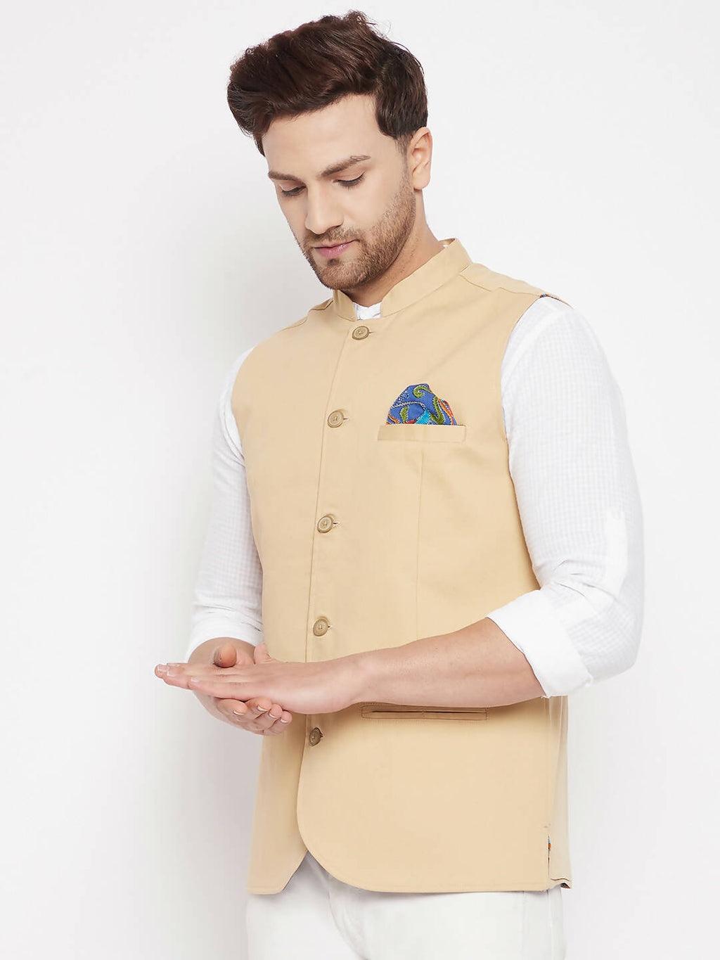 Even Apparels Beige Polyester Men's Nehru Jacket-Contrast Lining-Inbuilt Pocket Square | Grocsy