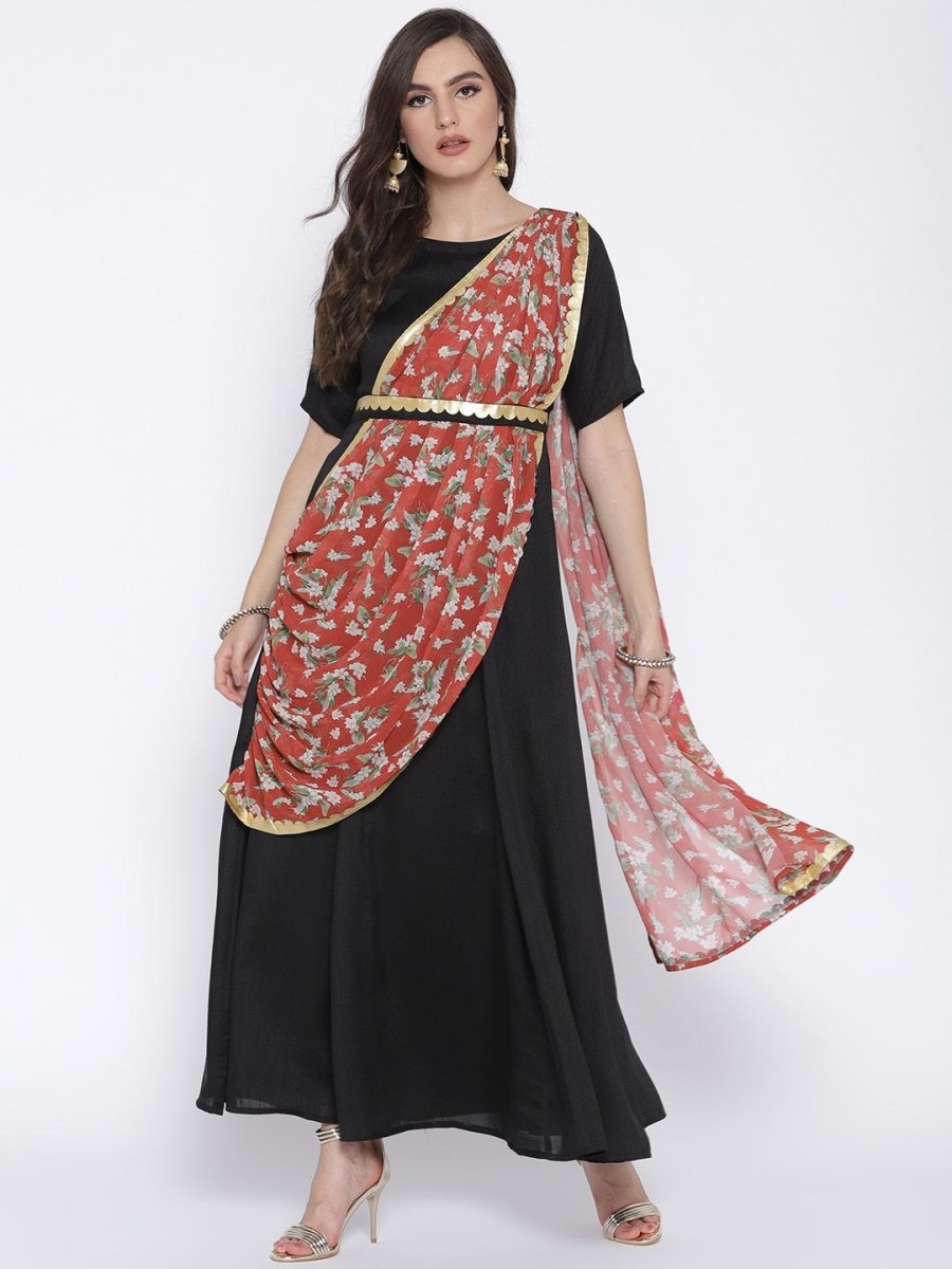 Ahalyaa Women's Black Poly Silk Kurta With Printed Dupatta | Grocsy