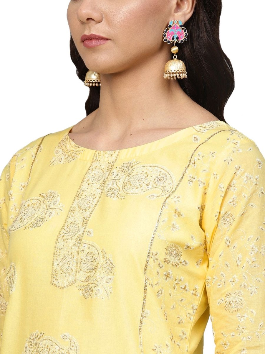 Ahalyaa Women's Cotton Blend Yellow Glitter Print Kurta Sharara Set With Dupatta | Grocsy