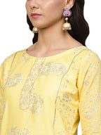 Ahalyaa Women's Cotton Blend Yellow Glitter Print Kurta Sharara Set With Dupatta | Grocsy
