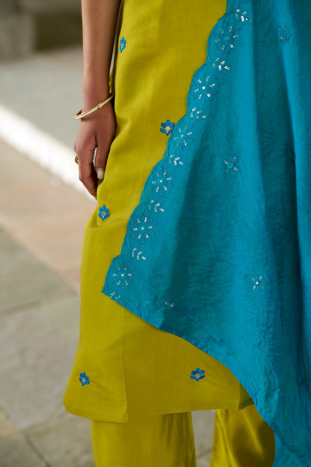 The52 Lemon Beautiful Embroidered Viscose Chanderi Fabric Straight Kurta Pant with Dupatta Set | Grocsy