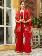 Janasya Maroon Georgette Solid Top Bottom Cape | Grocsy