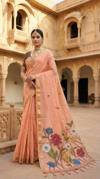 Vastranavya Peach Muga Cotton Meenakari & Azarakh Pallu Saree with Contrast Blouse | Grocsy